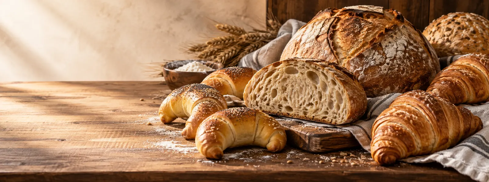 Kenyerek, kiflik és croissant-ok egy meleg fényű pékségi pulton