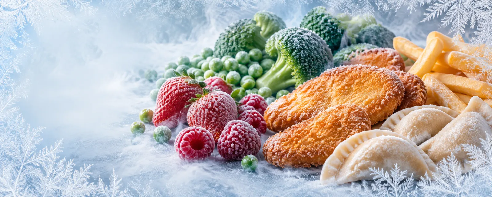 Fagyasztott zöldségek, gyümölcsök és készételek jégvirágos üveg mögött