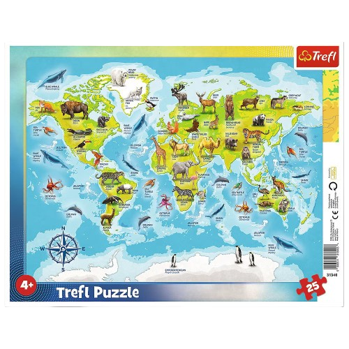 Trefl:25 keretes puzzle világtérkép állatokkal